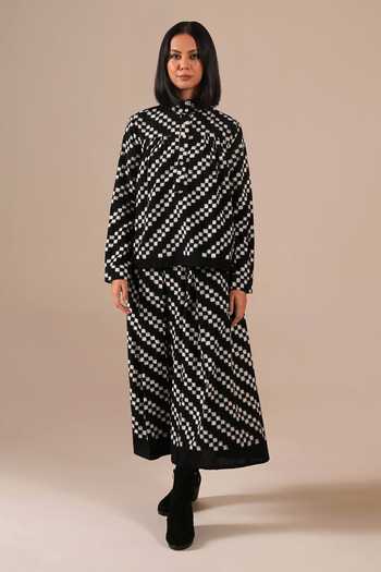 Shop_Indigo Dreams_Black Cotton High Neck Handwoven Ikat Top With Skirt _Online_at_Aza_Fashions
