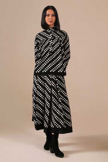Indigo Dreams_Black Cotton High Neck Handwoven Ikat Top With Skirt _at_Aza_Fashions