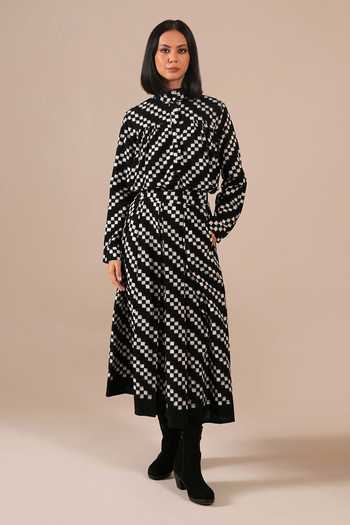 Shop_Indigo Dreams_Black Cotton High Neck Handwoven Ikat Top With Skirt 