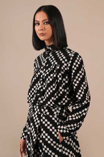 Shop_Indigo Dreams_Black Cotton High Neck Handwoven Ikat Top With Skirt _Online