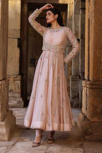 Label Niti Bothra_Pink Silk, Modal, Organza Embroidery, Zari Round Neck Anarkali And Churidar Set _Online_at_Aza_Fashions