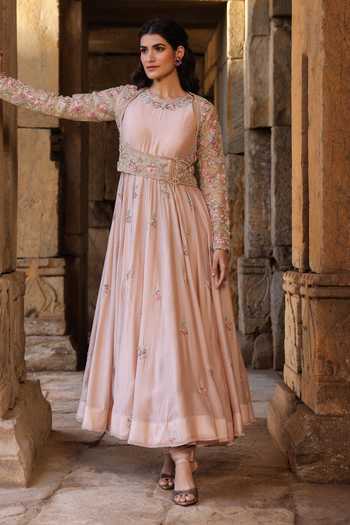 Shop_Label Niti Bothra_Pink Silk, Modal, Organza Embroidery, Zari Round Neck Anarkali And Churidar Set _Online_at_Aza_Fashions