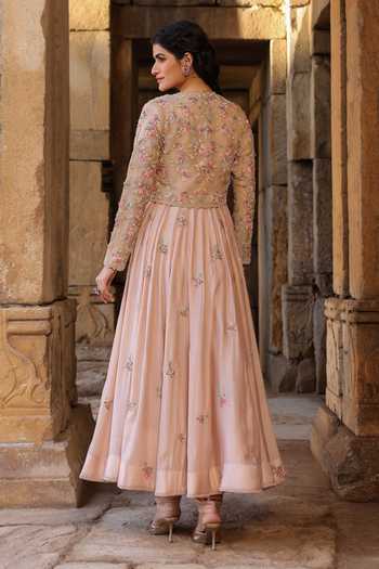 Shop_Label Niti Bothra_Pink Silk, Modal, Organza Embroidery, Zari Round Neck Anarkali And Churidar Set _at_Aza_Fashions