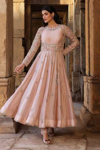 Shop_Label Niti Bothra_Pink Silk, Modal, Organza Embroidery, Zari Round Neck Anarkali And Churidar Set 