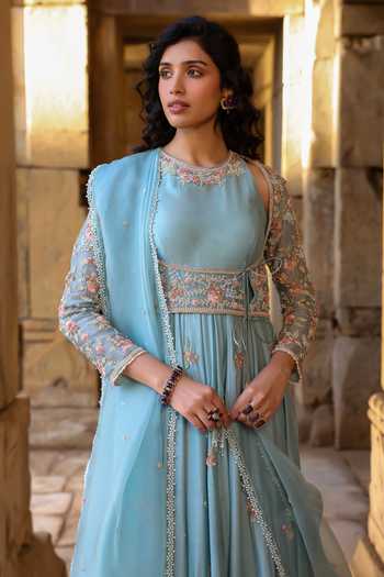 Label Niti Bothra_Blue Silk, Modal, Organza Zari, Metallic Thread Resham Embroidered Anarkali Set _Online_at_Aza_Fashions