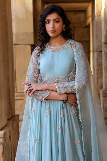 Buy_Label Niti Bothra_Blue Silk, Modal, Organza Zari, Metallic Thread Resham Embroidered Anarkali Set _Online_at_Aza_Fashions