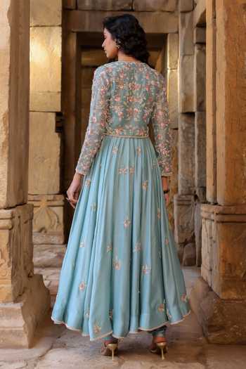 Shop_Label Niti Bothra_Blue Silk, Modal, Organza Zari, Metallic Thread Resham Embroidered Anarkali Set _at_Aza_Fashions