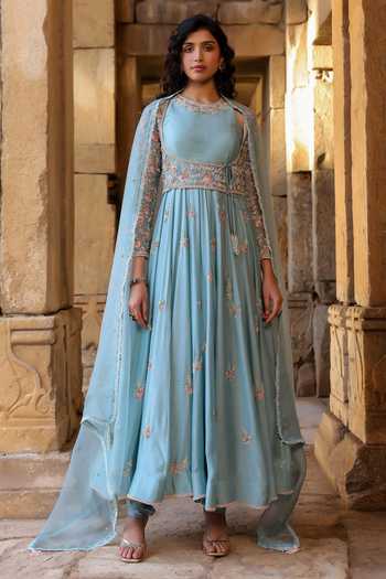 Buy_Label Niti Bothra_Blue Silk, Modal, Organza Zari, Metallic Thread Resham Embroidered Anarkali Set _at_Aza_Fashions
