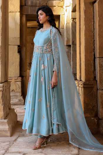 Shop_Label Niti Bothra_Blue Silk, Modal, Organza Zari, Metallic Thread Resham Embroidered Anarkali Set _Online_at_Aza_Fashions