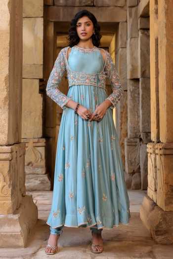 Label Niti Bothra_Blue Silk, Modal, Organza Zari, Metallic Thread Resham Embroidered Anarkali Set _at_Aza_Fashions