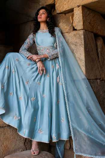 Buy_Label Niti Bothra_Blue Silk, Modal, Organza Zari, Metallic Thread Resham Embroidered Anarkali Set 