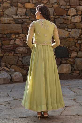 Shop_Label Niti Bothra_Green Silk, Modal Embroidery, Zari Round Neck Resham Anarkali Set _at_Aza_Fashions