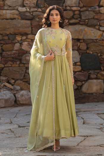 Buy_Label Niti Bothra_Green Silk, Modal Embroidery, Zari Round Neck Resham Anarkali Set _at_Aza_Fashions