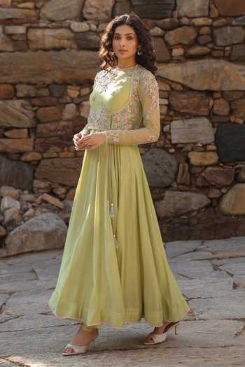 Label Niti Bothra_Green Silk, Modal Embroidery, Zari Round Neck Resham Anarkali Set _Online_at_Aza_Fashions