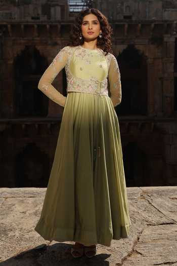 Shop_Label Niti Bothra_Green Silk, Modal Embroidery, Zari Round Neck Resham Anarkali Set _Online_at_Aza_Fashions