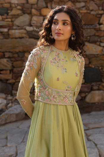 Label Niti Bothra_Green Silk, Modal Embroidery, Zari Round Neck Resham Anarkali Set _Online