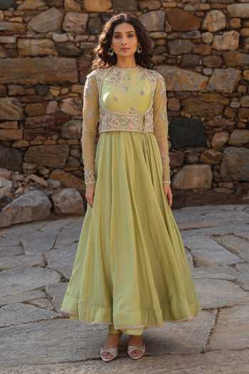 Buy_Label Niti Bothra_Green Silk, Modal Embroidery, Zari Round Neck Resham Anarkali Set _Online