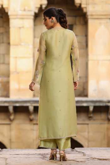 Shop_Label Niti Bothra_Green Silk, Tencel, Organza Pearls, Zari, Embroidery Floral Kurta Pant Set _at_Aza_Fashions