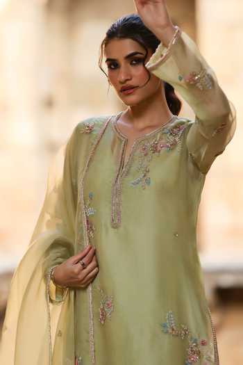 Label Niti Bothra_Green Silk, Tencel, Organza Pearls, Zari, Embroidery Floral Kurta Pant Set _at_Aza_Fashions