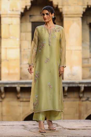 Buy_Label Niti Bothra_Green Silk, Tencel, Organza Pearls, Zari, Embroidery Floral Kurta Pant Set 
