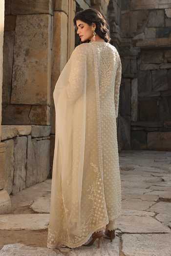 Shop_Label Niti Bothra_Beige Silk, Organza, Tencel Embroidery, Pearls Round Neck Aari Kurta Set _at_Aza_Fashions