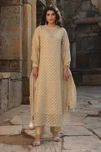 Label Niti Bothra_Beige Silk, Organza, Tencel Embroidery, Pearls Round Neck Aari Kurta Set _Online_at_Aza_Fashions