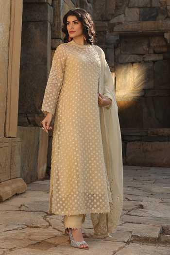 Buy_Label Niti Bothra_Beige Silk, Organza, Tencel Embroidery, Pearls Round Neck Aari Kurta Set _Online_at_Aza_Fashions