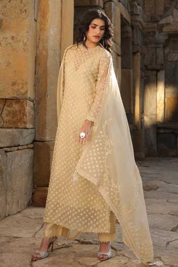 Shop_Label Niti Bothra_Beige Silk, Organza, Tencel Embroidery, Pearls Round Neck Aari Kurta Set _Online_at_Aza_Fashions