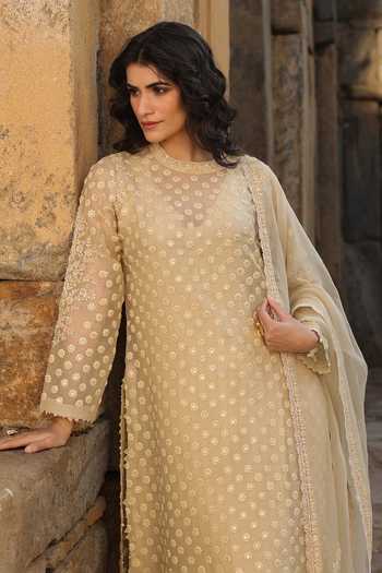 Label Niti Bothra_Beige Silk, Organza, Tencel Embroidery, Pearls Round Neck Aari Kurta Set _at_Aza_Fashions