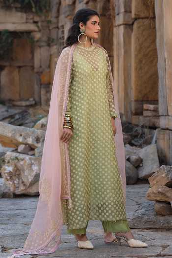 Label Niti Bothra_Green Silk, Organza, Tencel Embroidery, Pearls Round Neck Aari Dori Kurta Set _Online_at_Aza_Fashions