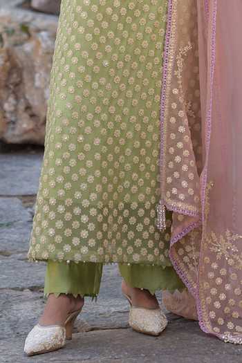Buy_Label Niti Bothra_Green Silk, Organza, Tencel Embroidery, Pearls Round Neck Aari Dori Kurta Set _Online_at_Aza_Fashions