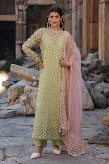 Shop_Label Niti Bothra_Green Silk, Organza, Tencel Embroidery, Pearls Round Neck Aari Dori Kurta Set _at_Aza_Fashions