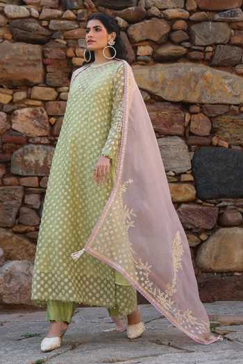 Shop_Label Niti Bothra_Green Silk, Organza, Tencel Embroidery, Pearls Round Neck Aari Dori Kurta Set _Online_at_Aza_Fashions