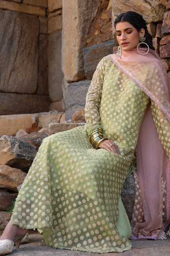 Shop_Label Niti Bothra_Green Silk, Organza, Tencel Embroidery, Pearls Round Neck Aari Dori Kurta Set 