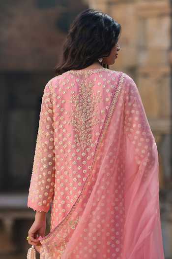 Shop_Label Niti Bothra_Pink Silk, Organza, Tencel Pearls, Zari, Embroidery Keyhole Dori Work Kurta Set _at_Aza_Fashions