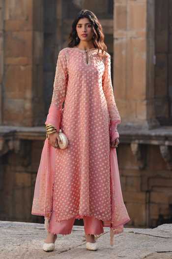Buy_Label Niti Bothra_Pink Silk, Organza, Tencel Pearls, Zari, Embroidery Keyhole Dori Work Kurta Set 