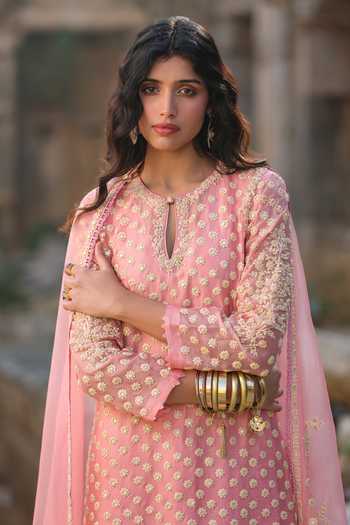 Label Niti Bothra_Pink Silk, Organza, Tencel Pearls, Zari, Embroidery Keyhole Dori Work Kurta Set _Online