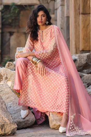 Shop_Label Niti Bothra_Pink Silk, Organza, Tencel Pearls, Zari, Embroidery Keyhole Dori Work Kurta Set _Online