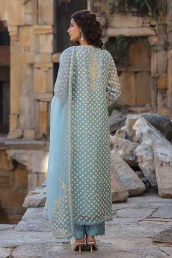 Shop_Label Niti Bothra_Blue Silk, Organza, Tencel Embroidery, Pearls Keyhole Neck, Aari Dori Kurta Set _at_Aza_Fashions