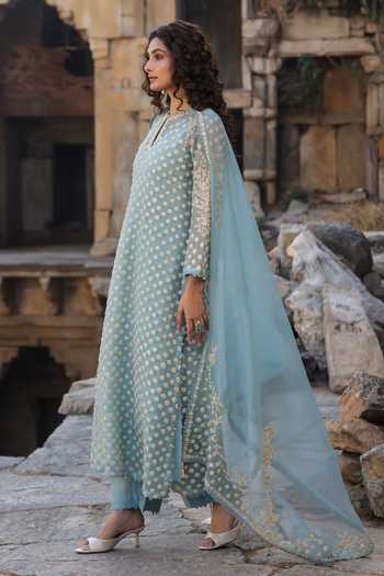 Label Niti Bothra_Blue Silk, Organza, Tencel Embroidery, Pearls Keyhole Neck, Aari Dori Kurta Set _Online_at_Aza_Fashions
