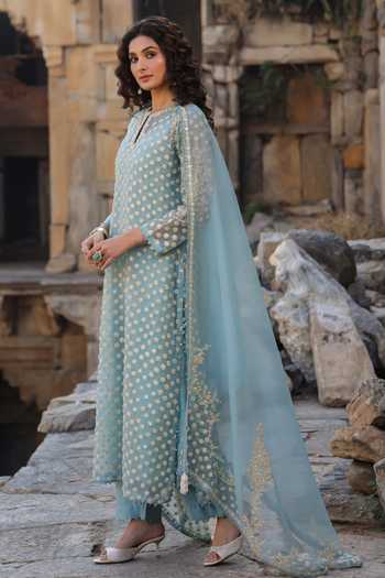 Buy_Label Niti Bothra_Blue Silk, Organza, Tencel Embroidery, Pearls Keyhole Neck, Aari Dori Kurta Set _Online_at_Aza_Fashions