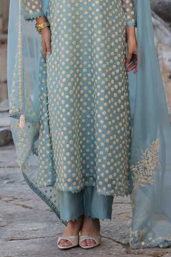 Shop_Label Niti Bothra_Blue Silk, Organza, Tencel Embroidery, Pearls Keyhole Neck, Aari Dori Kurta Set _Online_at_Aza_Fashions