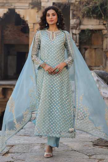 Label Niti Bothra_Blue Silk, Organza, Tencel Embroidery, Pearls Keyhole Neck, Aari Dori Kurta Set _at_Aza_Fashions