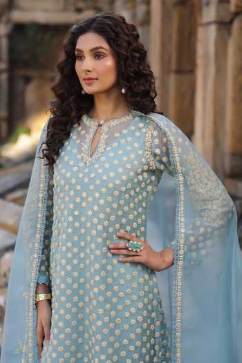 Buy_Label Niti Bothra_Blue Silk, Organza, Tencel Embroidery, Pearls Keyhole Neck, Aari Dori Kurta Set 