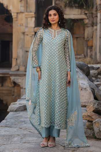 Shop_Label Niti Bothra_Blue Silk, Organza, Tencel Embroidery, Pearls Keyhole Neck, Aari Dori Kurta Set 