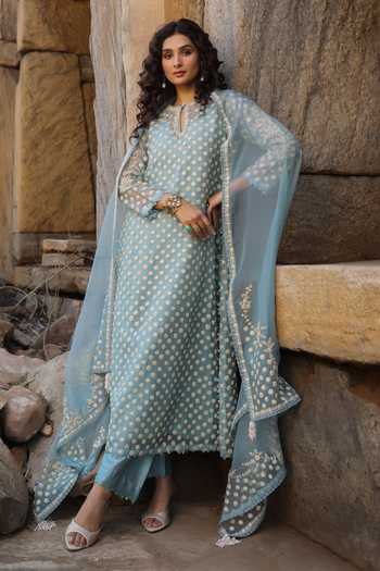 Label Niti Bothra_Blue Silk, Organza, Tencel Embroidery, Pearls Keyhole Neck, Aari Dori Kurta Set _Online
