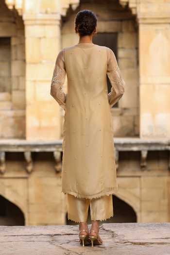 Shop_Label Niti Bothra_Beige Silk, Organza, Tencel Pearls Round Neck, Yes Floral Embroidered Kurta Set _at_Aza_Fashions