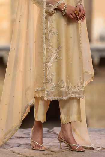 Shop_Label Niti Bothra_Beige Silk, Organza, Tencel Pearls Round Neck, Yes Floral Embroidered Kurta Set _Online_at_Aza_Fashions