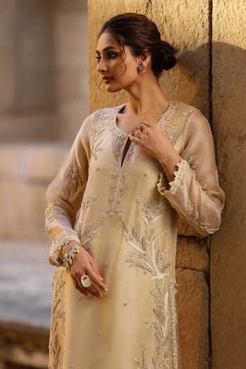 Label Niti Bothra_Beige Silk, Organza, Tencel Pearls Round Neck, Yes Floral Embroidered Kurta Set _at_Aza_Fashions
