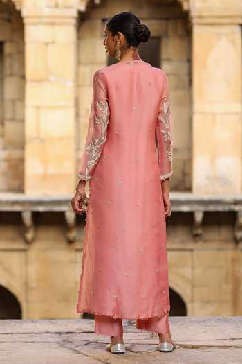 Shop_Label Niti Bothra_Pink Silk, Organza, Tencel Embroidery, Pearls Round Neck Phool Patti Kurta Set _at_Aza_Fashions